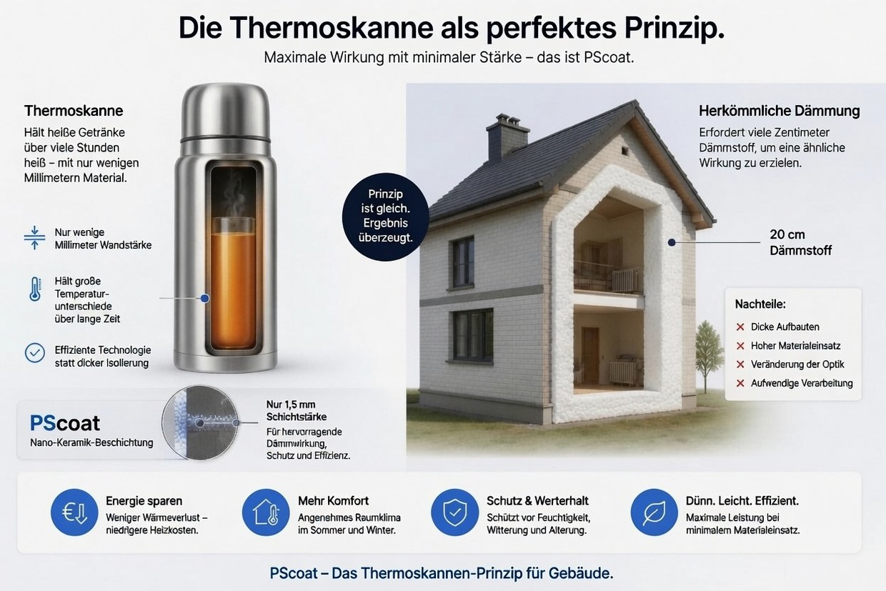 Primerjalna grafika: termovka drži temperaturo z le nekaj milimetri debeline stene, običajna izolacija za enak učinek potrebuje petnajst do dvajset centimetrov stiropora